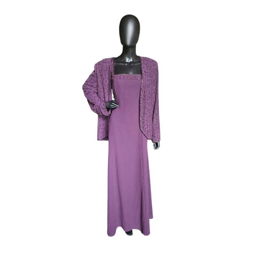 Aubergine Chiffon Beaded Maxi Formal Dress W/Jacket - Cameron Blake